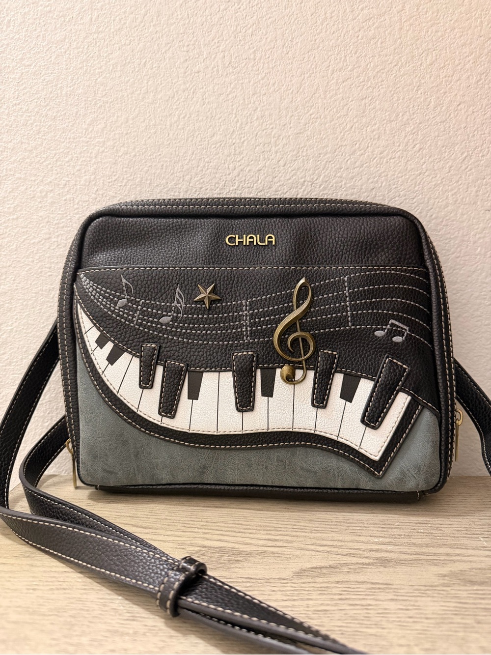 Chala Black & Gray Piano Key Crossbody Bag with Gold Treble Clef
